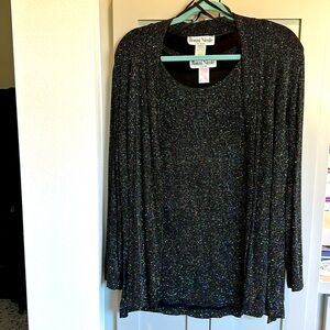 Black and metallic multi-colored shell & matching jacket travel wear.